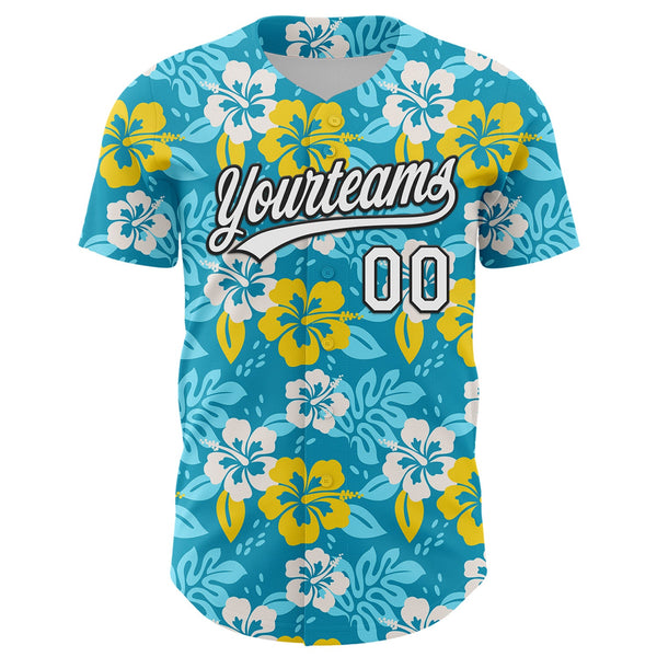 Custom Lakes Blue White-Black 3D Tropical Hawaii Jungle Leaves And Flower Authentic Baseball Jersey alternate