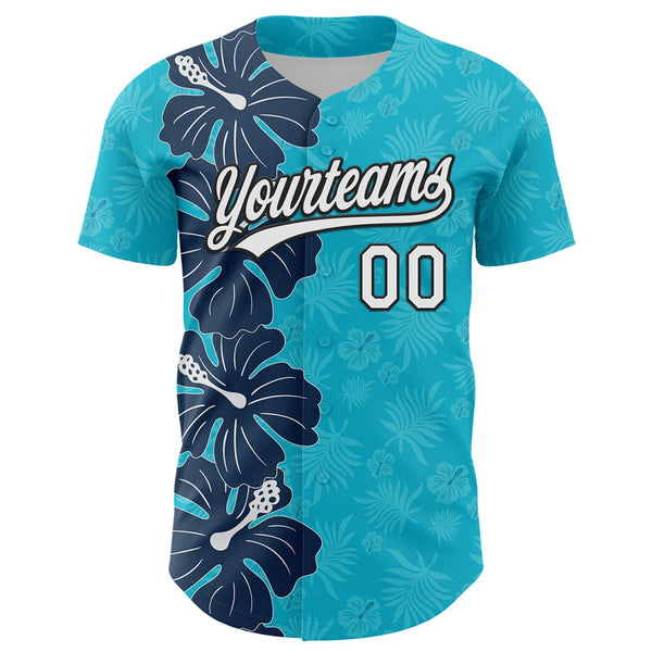 Custom Lakes Blue White-Black 3D Tropical Hawaii Jungle Leaves And Flower Authentic Baseball Jersey alternate