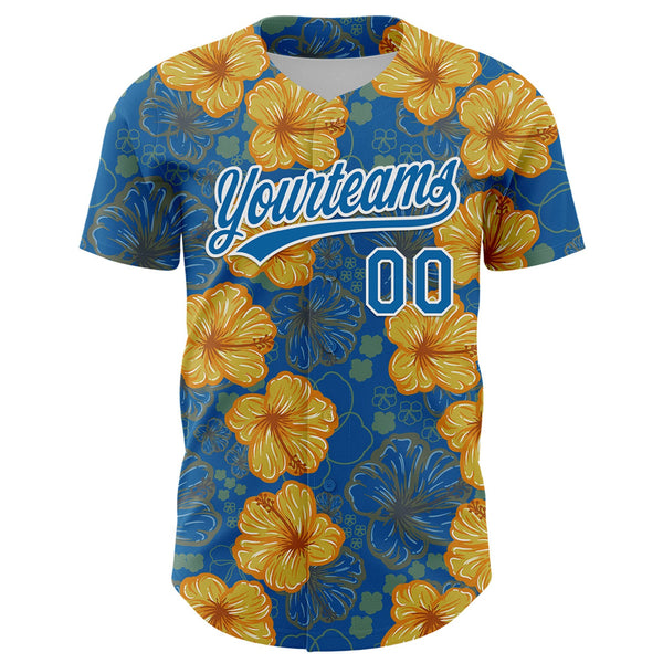 Custom Blue White 3D Tropical Hawaii Flower Authentic Baseball Jersey alternate