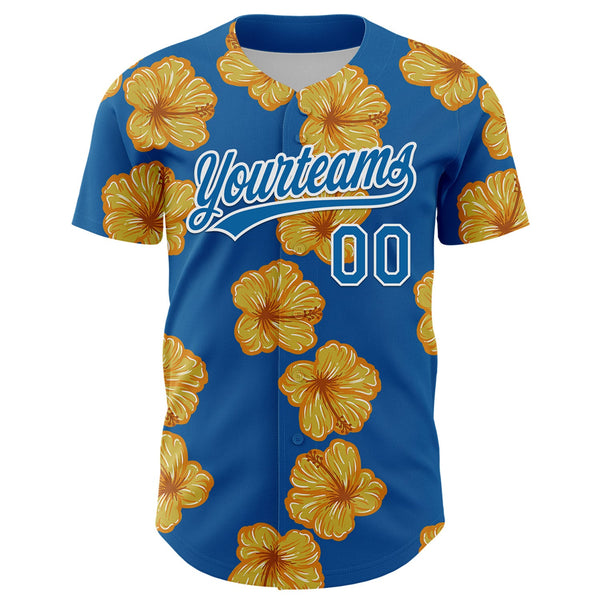 Custom Blue White 3D Tropical Hawaii Flower Authentic Baseball Jersey alternate