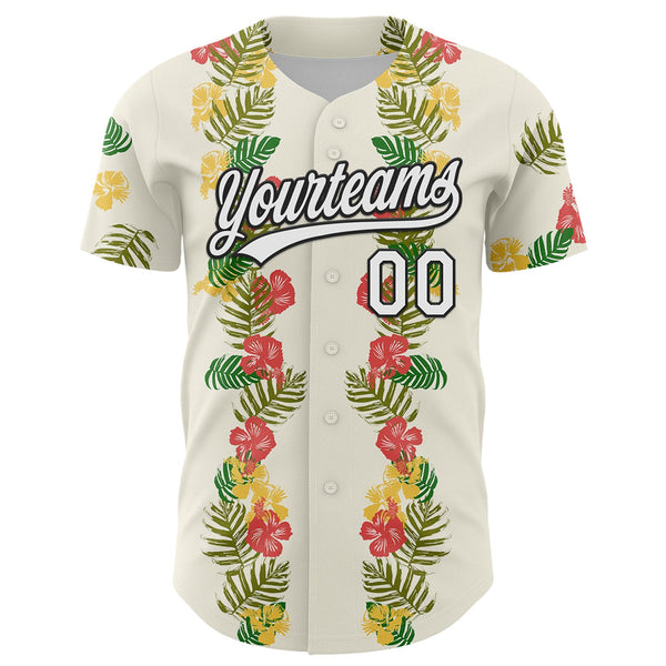 Custom White Black 3D Tropical Hawaii Leaves And Flower Authentic Baseball Jersey alternate
