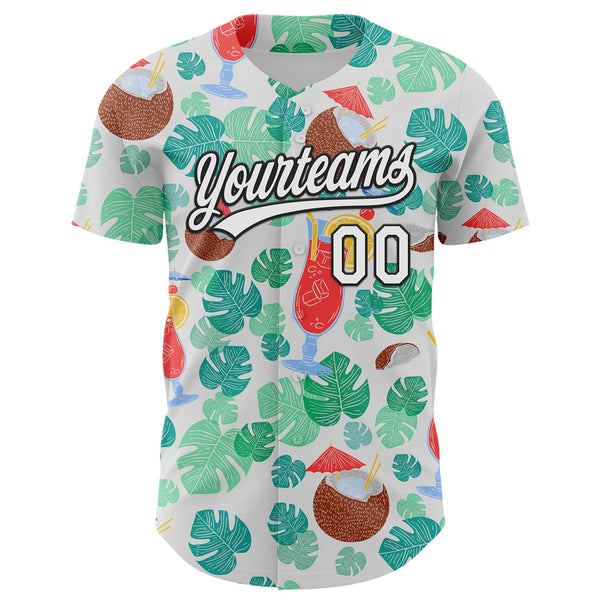 Custom White Black 3D Tropical Hawaii Jungle Leaves And Flower Authentic Baseball Jersey alternate