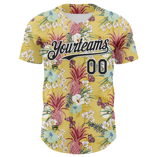 Custom Yellow Black-White 3D Hawaii Tropical Leaves Flower Pineapple Authentic Baseball Jersey alternate