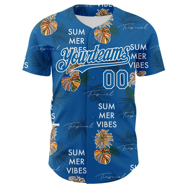 Custom Blue White 3D Hawaii Tropical Leaves Summer Vibes Authentic Baseball Jersey alternate