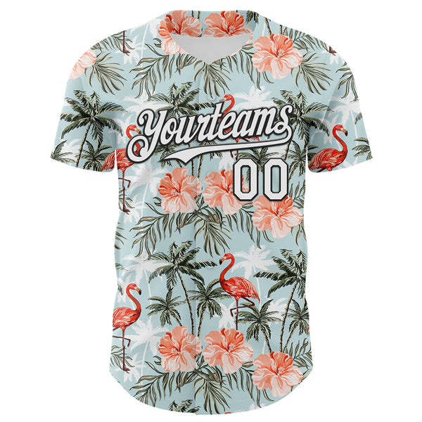 Custom Shadow Blue White-Black 3D Hawaii Tropical Palm Tree Flamingo Authentic Baseball Jersey alternate