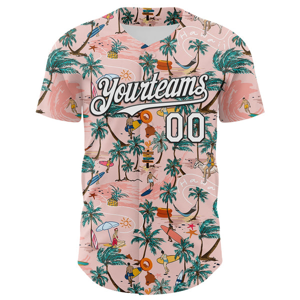 Custom Medium Pink White-Black 3D Hawaii Beach Tropical Palm Tree Surfing Authentic Baseball Jersey alternate