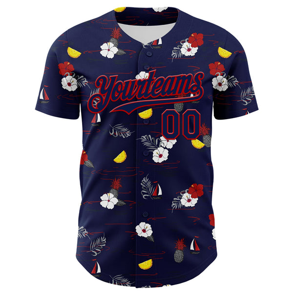 Custom Navy Red 3D Hawaii Tropical Leaves And Flowers Authentic Baseball Jersey alternate