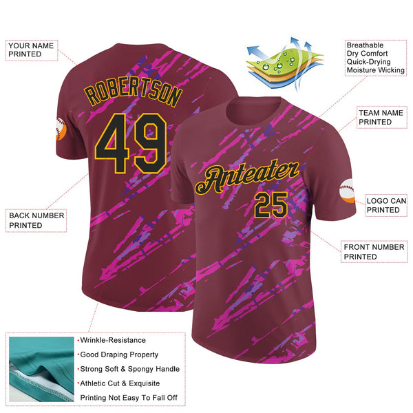 Custom Burgundy Black Gold-Deep Pink 3D Esports Performance T-Shirt alternate