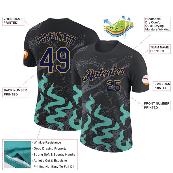 Custom Black Navy Aqua Gray-Old Gold 3D Esports Performance T-Shirt alternate