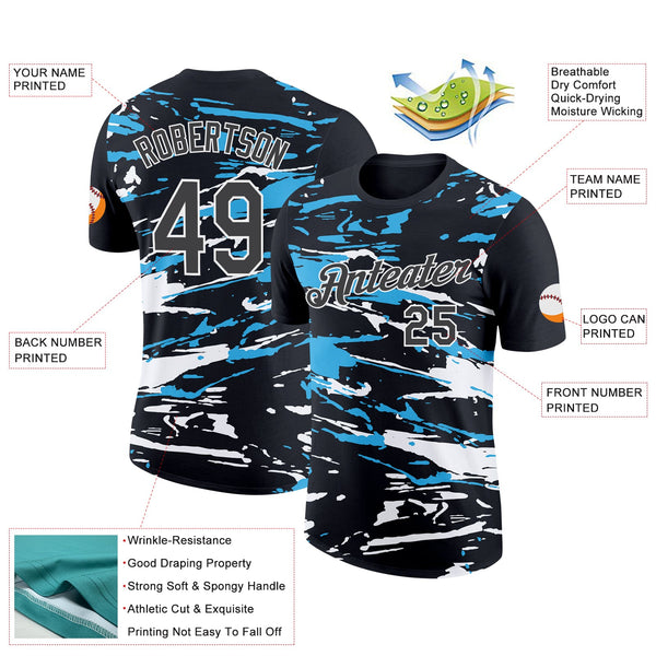 Custom Black Steel Gray-Sky Blue 3D Esports Performance T-Shirt alternate