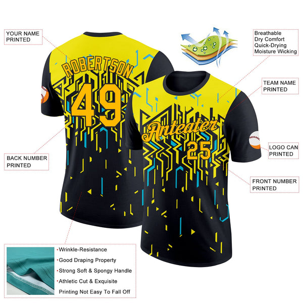 Custom Black Gold Light Yellow-Sky Blue 3D Esports Performance T-Shirt alternate