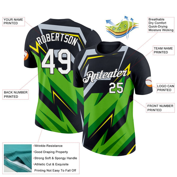 Custom Black Aurora Green Silver-Light Yellow 3D Esports Performance T-Shirt alternate