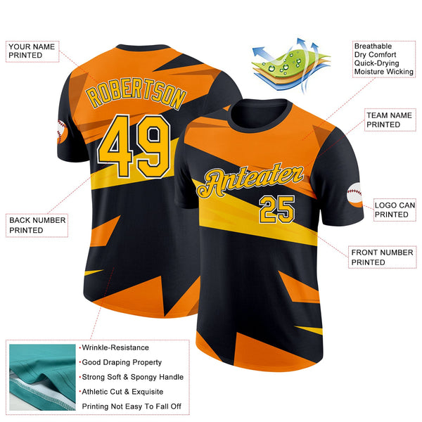 Custom Black Gold-Orange 3D Esports Performance T-Shirt alternate