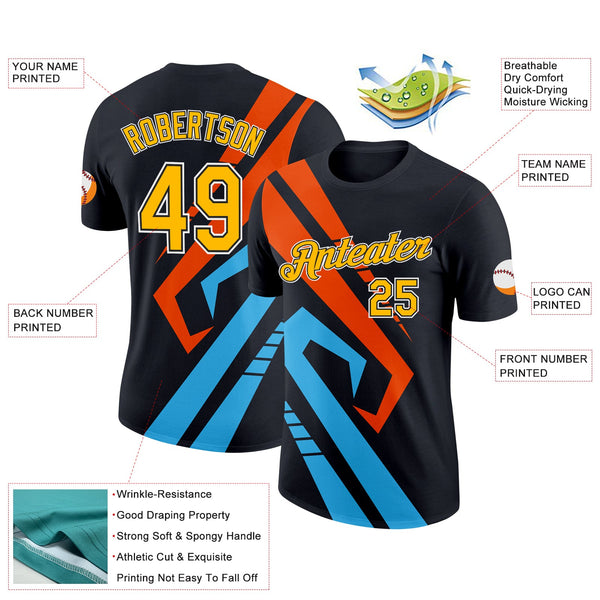 Custom Black Gold Sky Blue-Orange 3D Esports Performance T-Shirt alternate