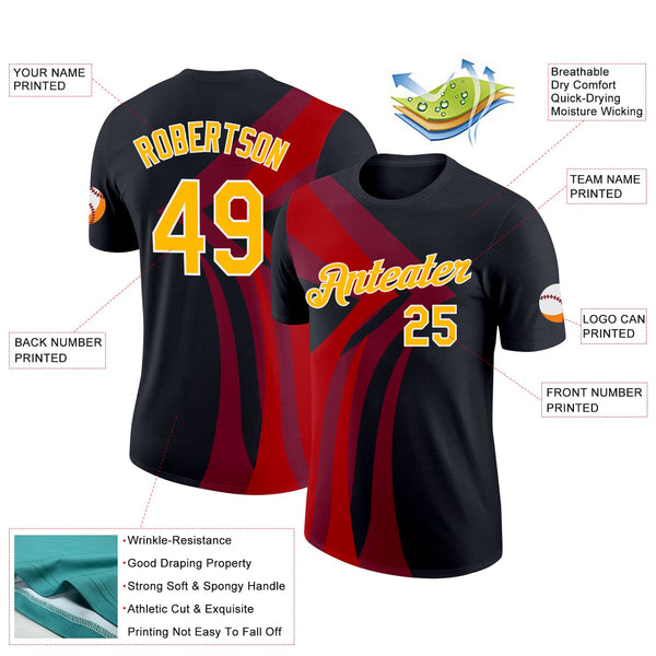 Custom Black Gold-Red 3D Esports Performance T-Shirt alternate