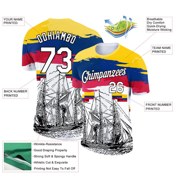 Custom Gold Royal Red-Black 3D Pattern Design Sailing Ship Columbus Day Colombian Flag Performance T-Shirt alternate