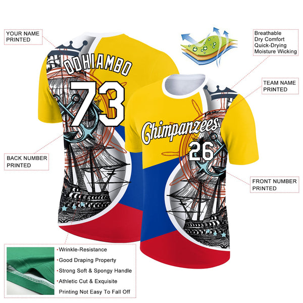 Custom Gold Royal Red-Black 3D Pattern Design Sailing Ship Columbus Day Colombian Flag Performance T-Shirt alternate