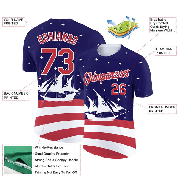 Custom Navy Red-White 3D Pattern Design Sailing Ship Columbus Day American Flag Performance T-Shirt alternate
