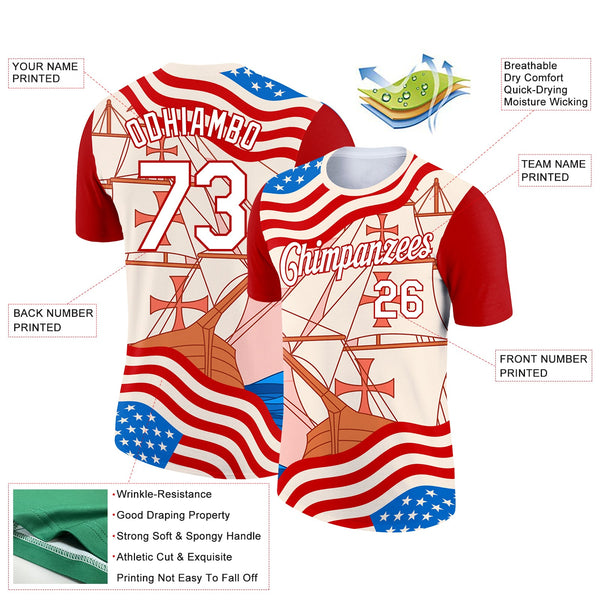 Custom City Cream White-Red 3D Pattern Design Sailing Ship Columbus Day American Flag Performance T-Shirt alternate
