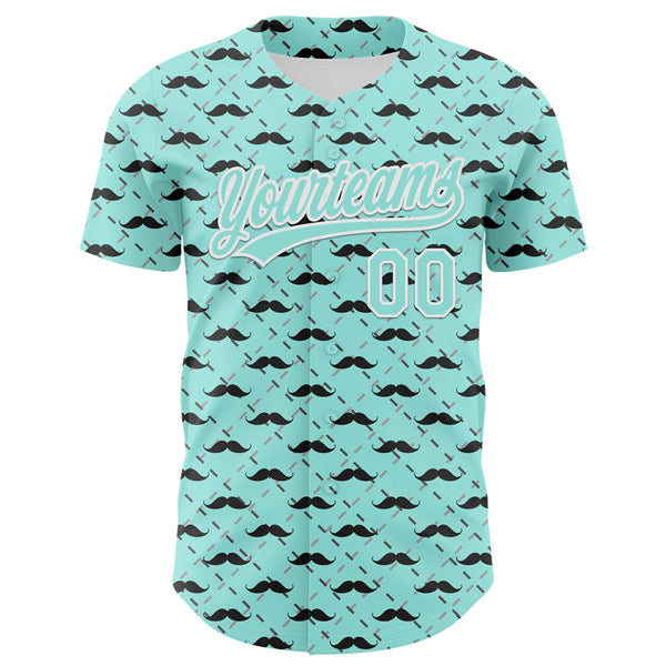 Custom Ice Blue White 3D Pattern Design Father's Day Mustache Authentic Baseball Jersey alternate