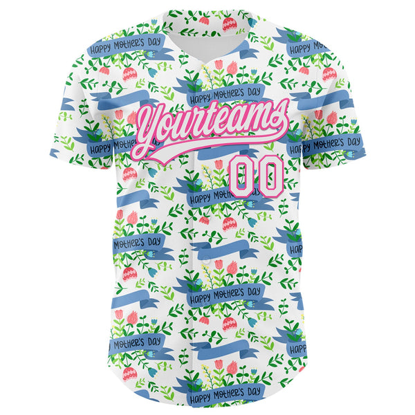 Custom White Pink 3D Pattern Design Mother's Day Flower Authentic Baseball Jersey alternate