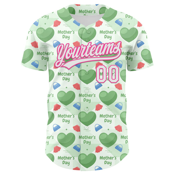 Custom Green White-Pink 3D Pattern Design Mother's Day Love Authentic Baseball Jersey alternate