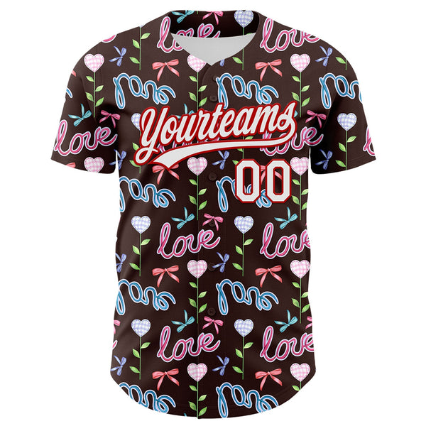Custom Brown White-Red 3D Pattern Design Mother's Day Love Authentic Baseball Jersey alternate