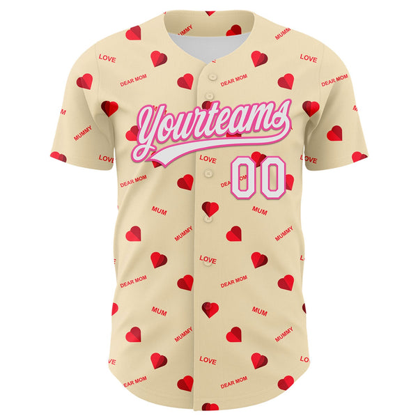 Custom Cream White-Pink 3D Pattern Design Mother's Day Love Authentic Baseball Jersey alternate