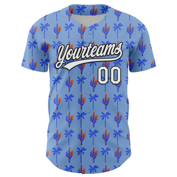 Custom Light Blue White-Black 3D Hawaii Tropical Palm Tree And Cactus Authentic Baseball Jersey alternate