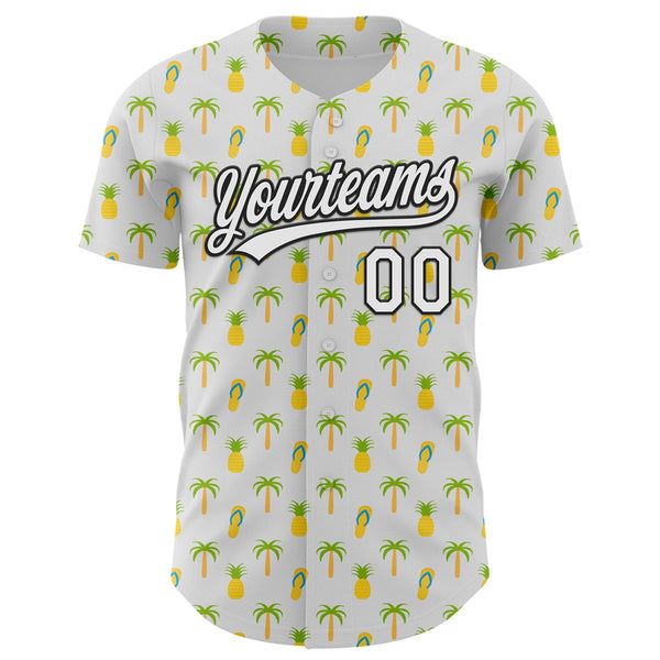 Custom White Black 3D Hawaii Tropical Palm Tree And Fruit Pineapple Authentic Baseball Jersey alternate