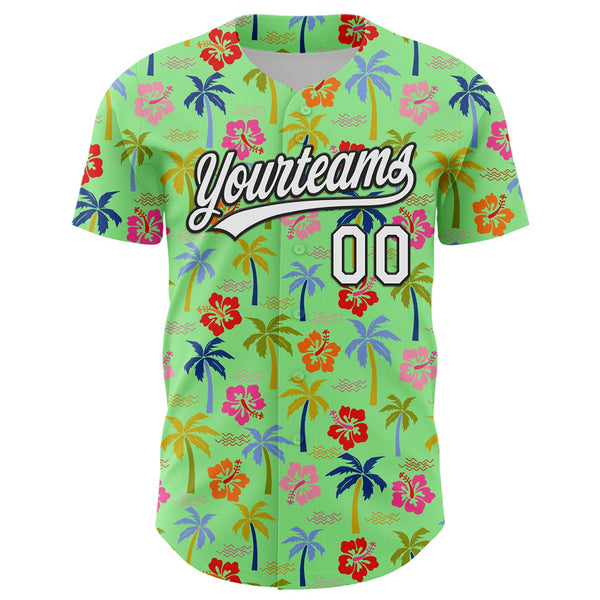 Custom Pea Green White-Black 3D Hawaii Tropical Palm Tree And Flower Authentic Baseball Jersey alternate