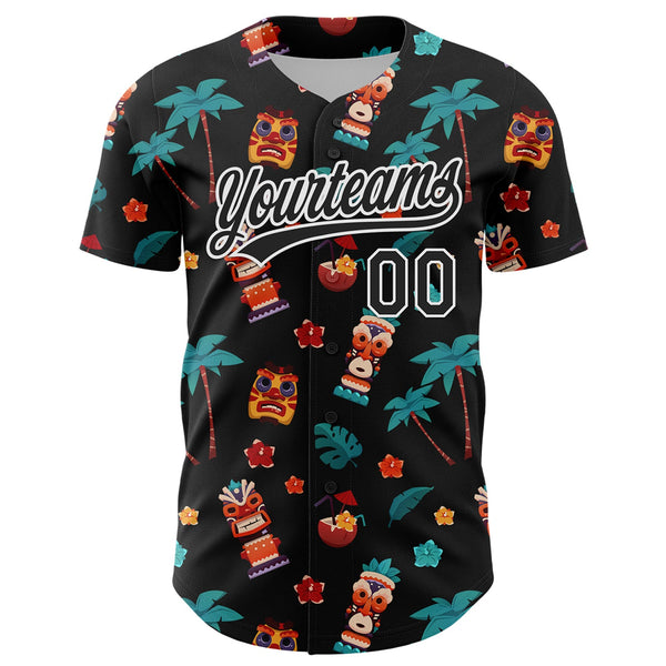Custom Black White 3D Hawaii Tropical Palm Tree Flower And Tiki Mask Authentic Baseball Jersey alternate