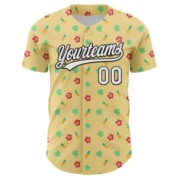 Custom Yellow White-Black 3D Hawaii Tropical Palm Leaves And Fruit Pineapple Authentic Baseball Jersey alternate