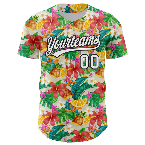 Custom Yellow White-Black 3D Hawaii Tropical Palm Leaves Flower And Fruit Pineapple Authentic Baseball Jersey alternate