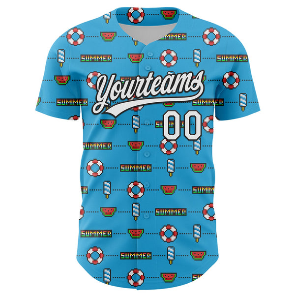 Custom Sky Blue White-Black 3D Hawaii Summer Fruit Watermelon Authentic Baseball Jersey alternate