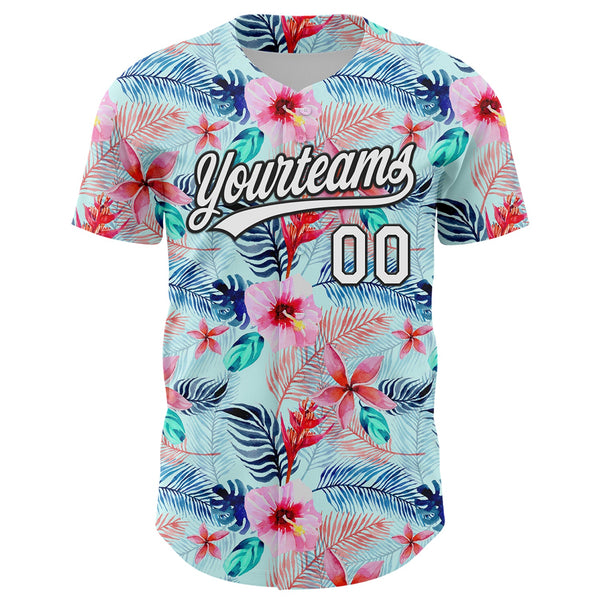 Custom Ice Blue White-Black 3D Hawaii Tropical Palm Leaves And Flower Authentic Baseball Jersey alternate