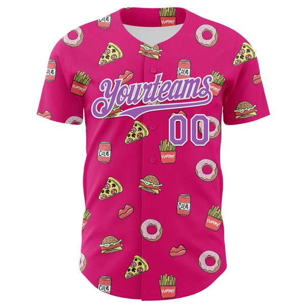 Custom Hot Pink Medium Purple-White 3D Pattern Design Foodie Fast Food Pizza Donut Cola Authentic Baseball Jersey alternate