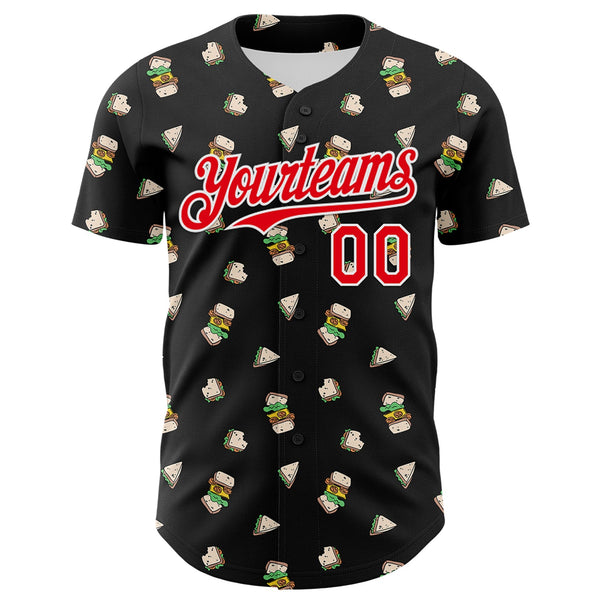 Custom Black Fire Red-White 3D Pattern Design Foodie Fast Food Sandwich Authentic Baseball Jersey alternate