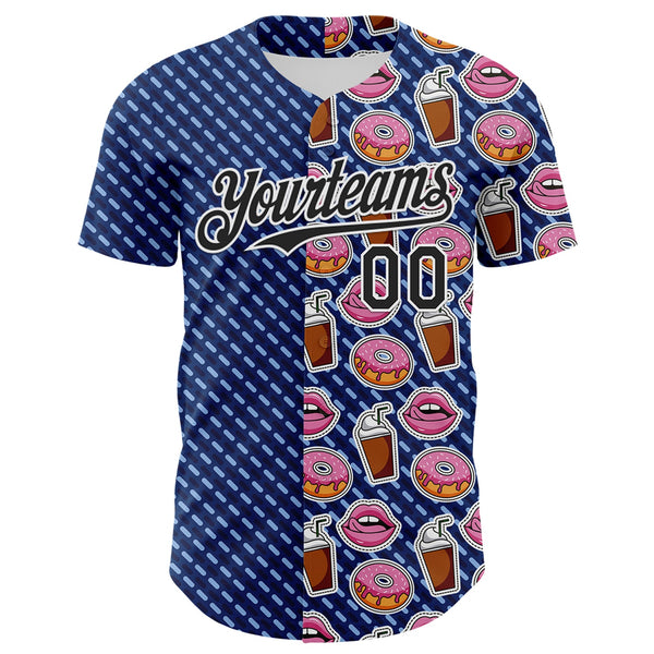 Custom US Navy Blue Black-White 3D Pattern Design Foodie Food Dessert Milkshake Donut Authentic Baseball Jersey alternate