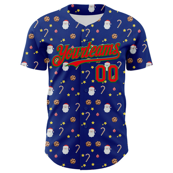 Custom Royal Fire Red-Grass Green 3D Pattern Design Christmas Foodie Food Snack Chocolate Cookie Candy Cane Authentic Baseball Jersey alternate