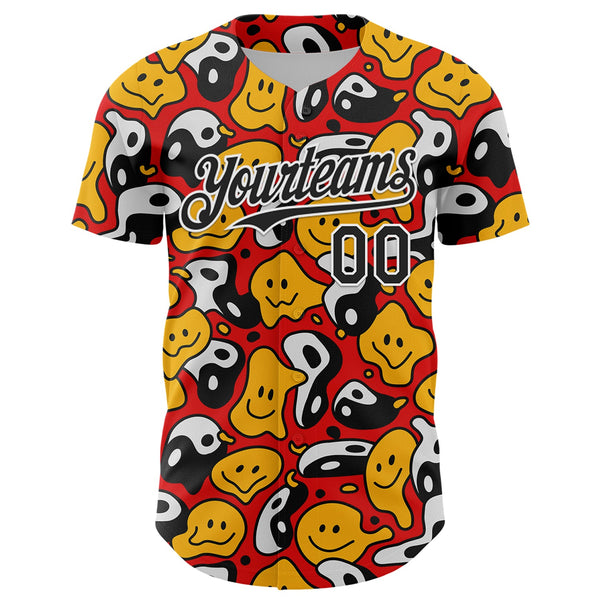 Custom Red Black-White 3D Pattern Design Funny Cartoon Emoji Smile Face And Yin Yang Authentic Baseball Jersey alternate