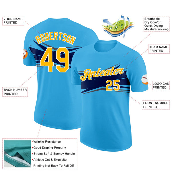 Custom Sky Blue Gold Navy-Gray 3D Esports Performance T-Shirt alternate