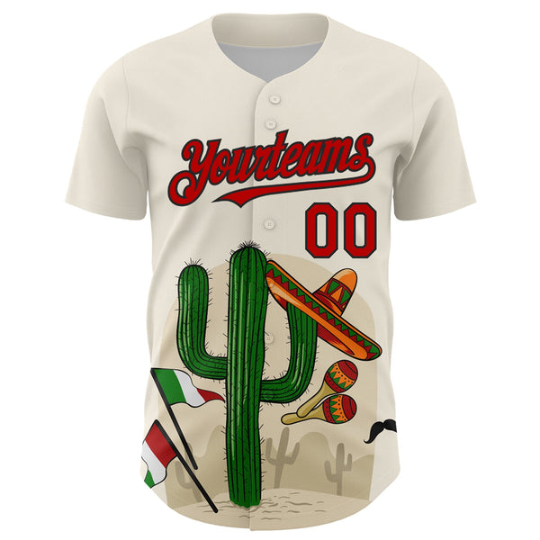 Custom Cream Red-Black 3D Mexican Festival Cactus Sombrero And Flag Cinco de Mayo Authentic Baseball Jersey alternate