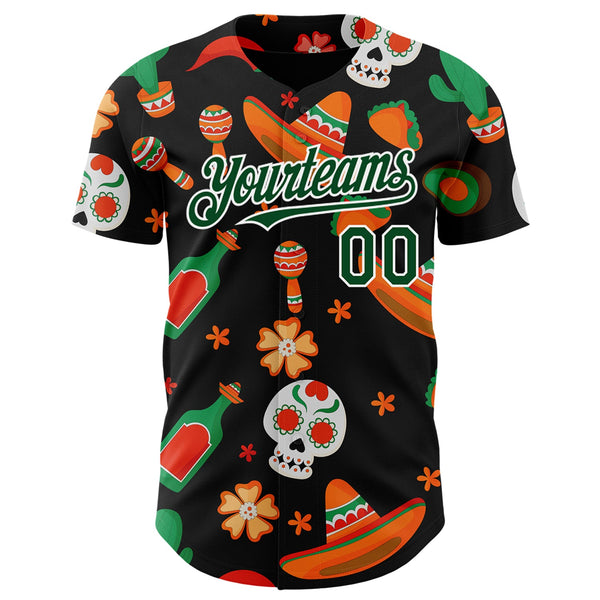 Custom Black Green-White 3D Mexican Festival Sombrero And Skull Cinco de Mayo Authentic Baseball Jersey alternate