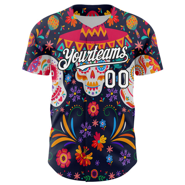 Custom Navy White-Black 3D Mexican Festival Flower Skull With Sombrero Cinco de Mayo Authentic Baseball Jersey alternate