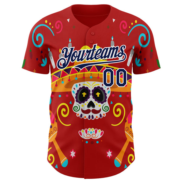 Custom Red Navy-White 3D Mexican Festival Flower And Skull Sombrero Cinco de Mayo Authentic Baseball Jersey alternate