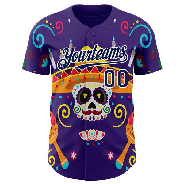 Custom Purple Navy-White 3D Mexican Festival Flower Skull With Sombrero Cinco de Mayo Authentic Baseball Jersey alternate