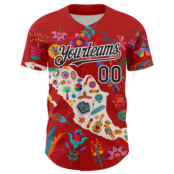 Custom Red Black-White 3D Mexico Map With Tropical Plant And Animal Authentic Baseball Jersey alternate