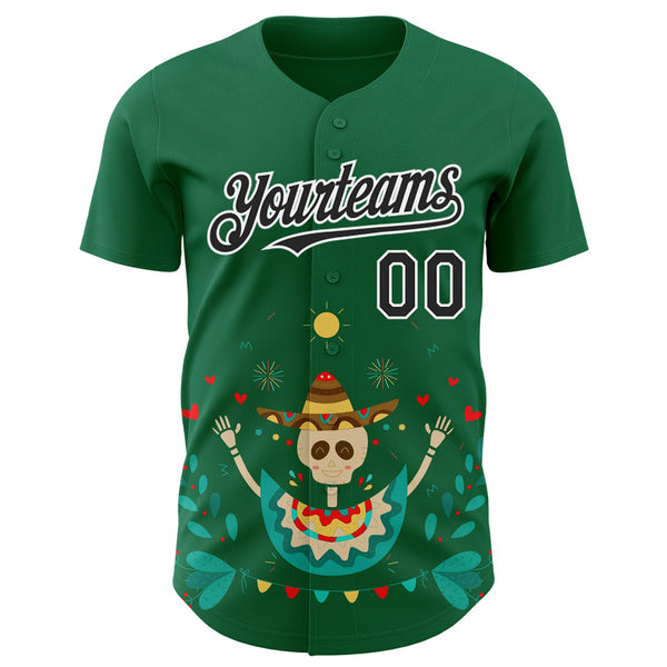 Custom Kelly Green Black-White 3D Mexican Festival Flower Skull With Sombrero Cinco de Mayo Authentic Baseball Jersey alternate