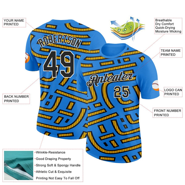 Custom Powder Blue Black-Gold 3D Esports Performance T-Shirt alternate